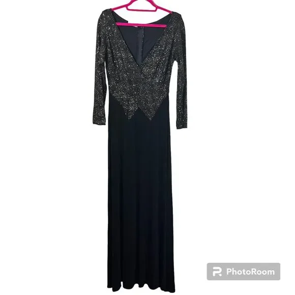 sachin and babi light blue dress Tadashi Shoji Textured Crepe Long Sleeve V-Neck Pleated Mermaid Gown main image 0
